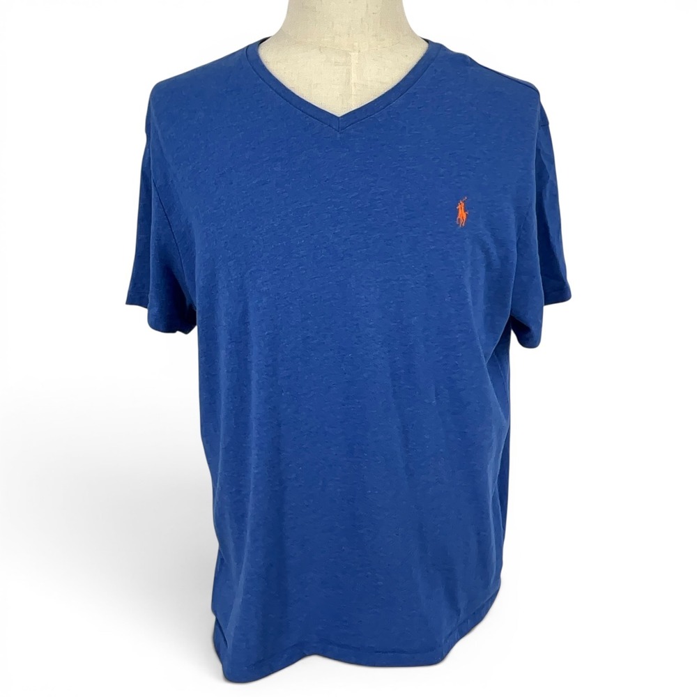 Polo Ralph Lauren Mens V-Neck T-Shirt Blue Orange Pony Logo Cotton Tee Large
